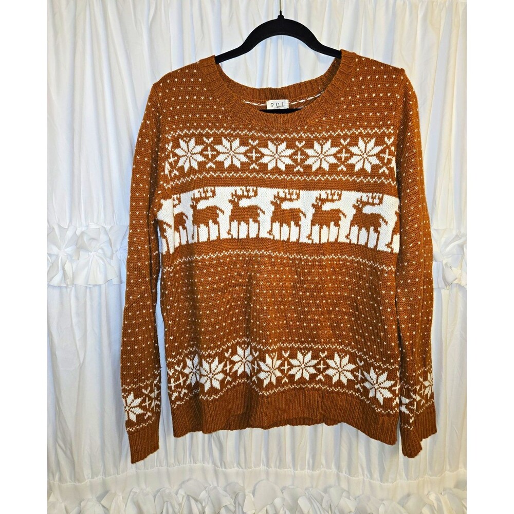 POL Brown Holiday Christmas Reindeer Crew Neck Sweater Women's Med